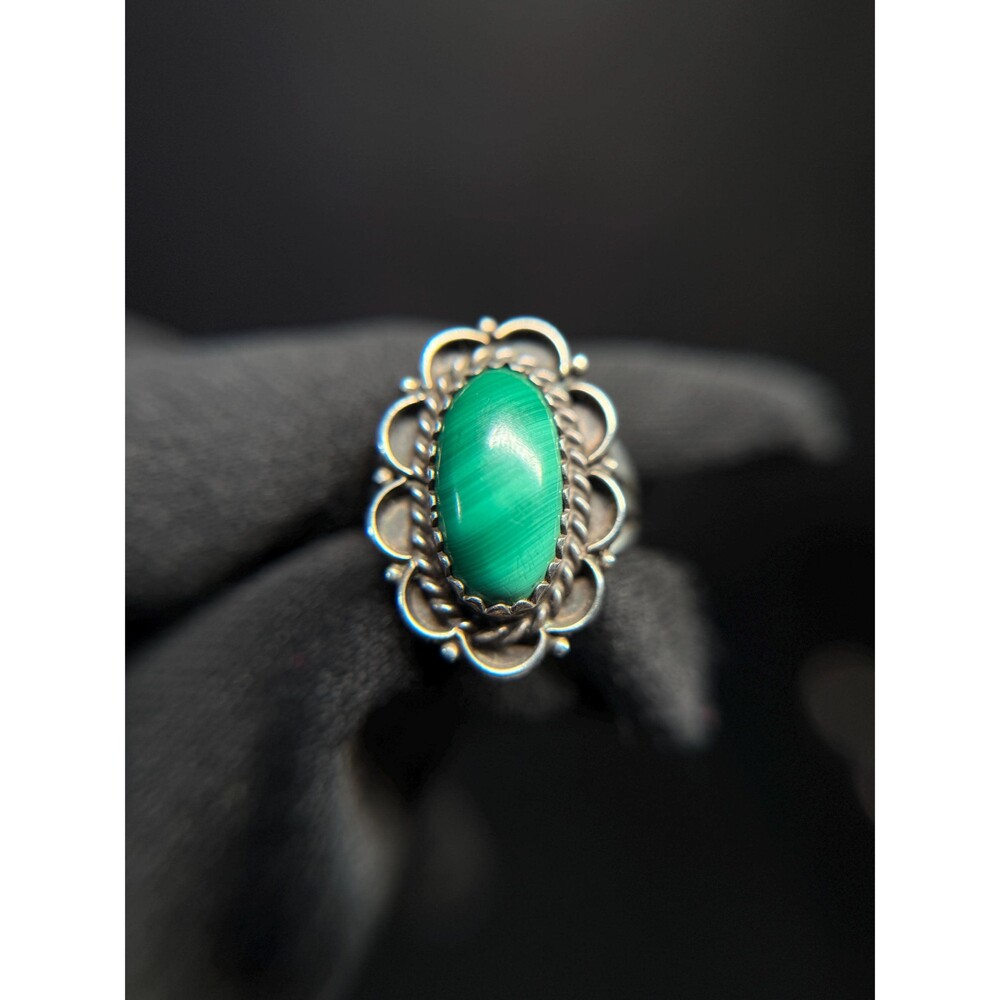 Sterling Silver Malachite Ring Oval Cabochon Sz 5 Vintage